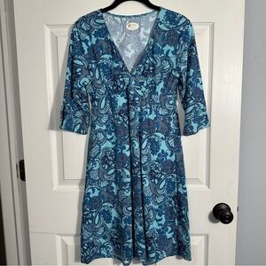 Spunk Wear stretch v-neck dress, blue floral, empire waist with elastic, party